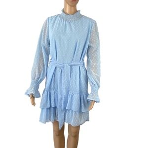 SHEIN mini dress lined sheer sleeves, tie waist smocked collar/cuffs Swiss dot